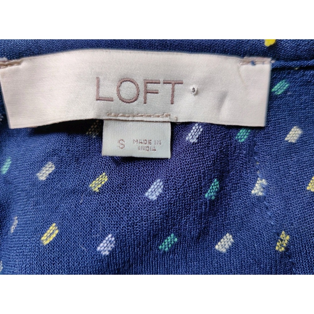 Loft Women's Clip Ruffle V-Back Shell Top Navy Blue/Yellow/Green Size Small - Picture 3 of 3